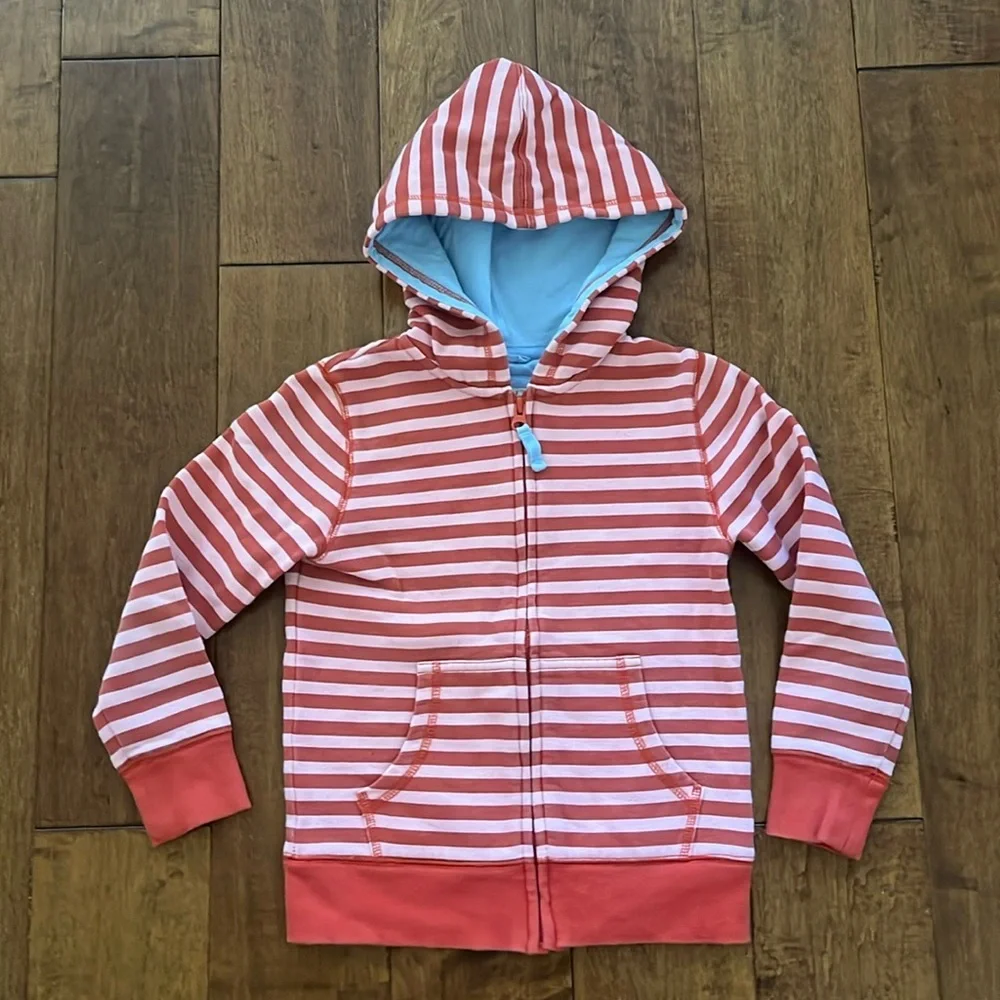 Mini Boden Zipper Hoodie Pink Red Striped Jacket Size 5-6 Y